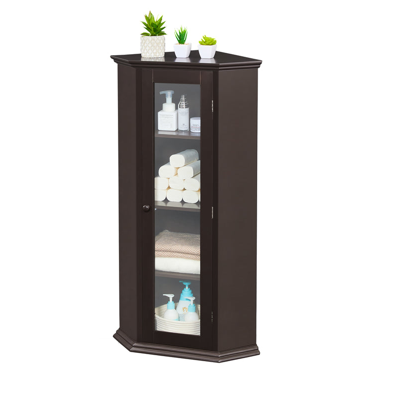 Freestanding Bathroom Cabinet with Glass Door, Corner Storage Cabinet for Bathroom, Living Room and Kitchen, MDF Board with Painted Finish, Brown