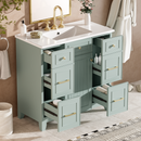 36' Green Bathroom Vanity with Ceramic Sink, Soft-Close Doors, 2 Double-Layer & 2 Standard Drawers, Adjustable Shelf
