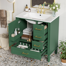 Traditional 30' Green Bathroom Vanity Set, Floor Standing, with Three Drawers, Soft Close Doors, with Long Gold Metal Handles - Perfect for Small Bathrooms