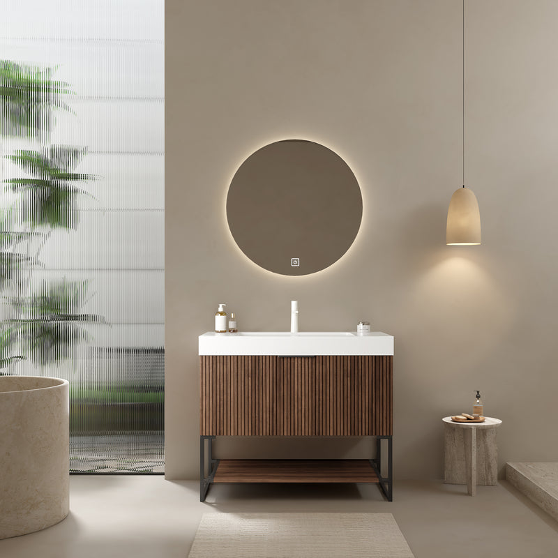 YOLAN 36' Bathroom Vanity with Sink, Freestanding Plywood Striped Storage Cabinet with Drawer and Open Shelf, Rectangular Integrated Basin without Faucet, Pre-assembled, Retro Walnut Woodgrain Color