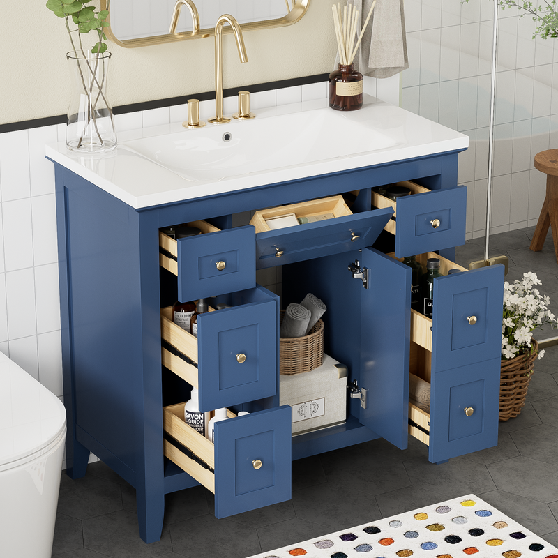 36'' Bathroon Vanity with Resin Sink Combo Set, Modern Freestanding Single Bathroom Cabinet with 6 Drawers & 2 Cabinets, Storage Cabinet for Bathroom, Solid Wood Frame Vanity , (Same as SW000133AAC)