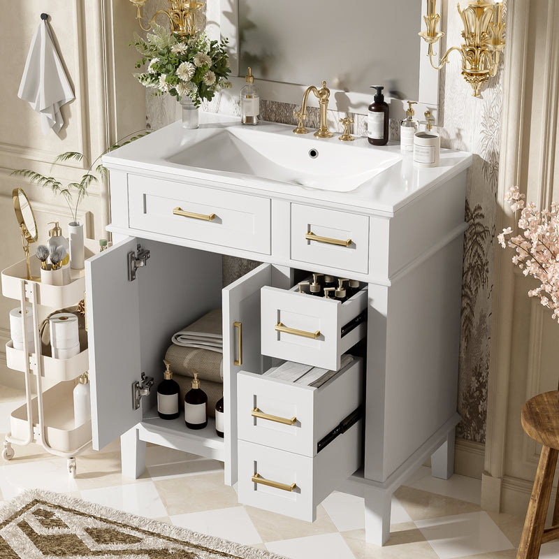 30' Bathroom Vanity with Ceramic Sink, Modern Storage Cabinet with Soft-Close Doors, Deep Drawer & Standard Drawer, Stylish Bath Vanity for Small Bathrooms