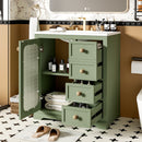 30-inch bathroom vanity with a soft close glass door, adjustable shelves, and three drawers