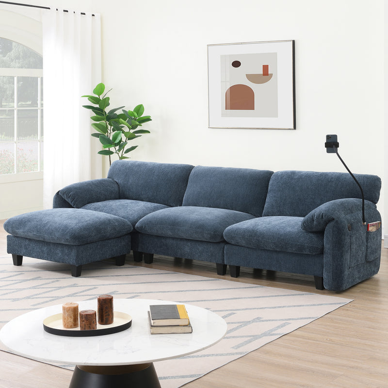[VIDEO Provided] 108' Modular Sectional Sofa, L-Shape with 31.5' Extra-Wide Seat Cushion, USB and Type-C Charger, Phone Holder and 2 Side Storage Pockets, Free Movement Ottoman, Striped Chenille