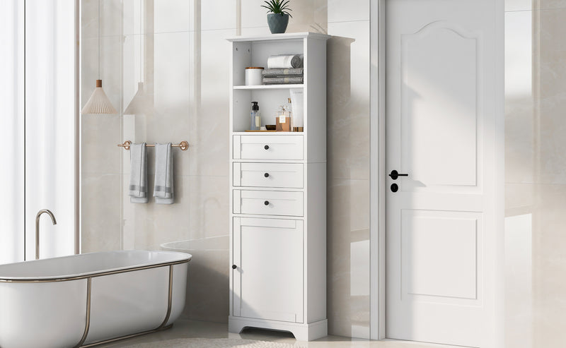 White Tall Storage Cabinet with 3 Drawers and Adjustable Shelves for Bathroom, Kitchen and Living Room, MDF Board with Painted Finish