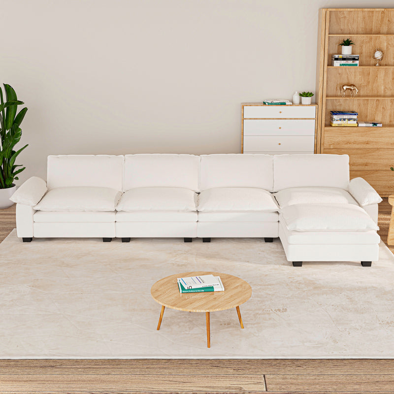 4 Seat Sectional Sofa, Couch with Movable Ottoman, Chenille Modular Sofa with Removable Pillows and Layer Cushions, Suitable for Living Rooms, Bedroom, Offices, and Apartments, Beige