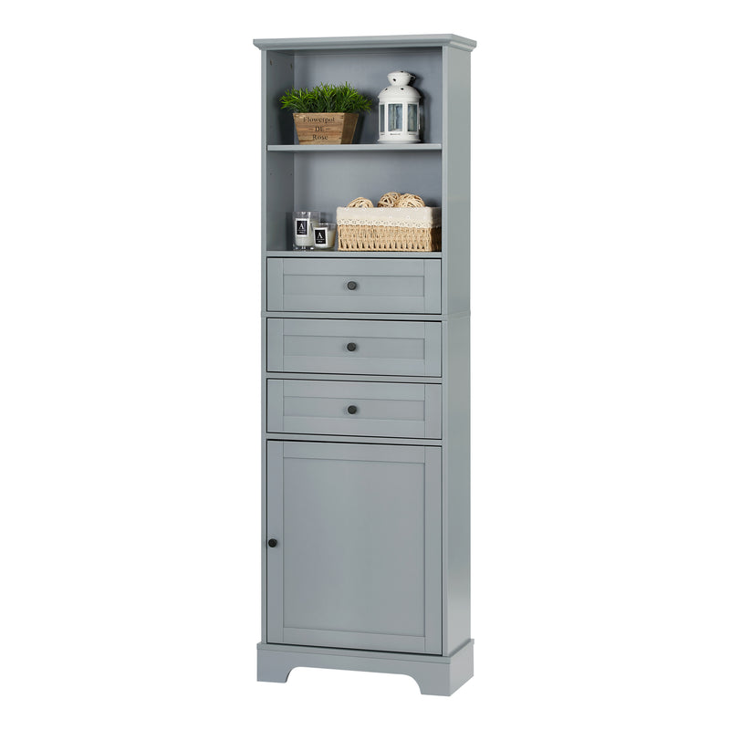 Grey Tall Storage Cabinet with 3 Drawers and Adjustable Shelves for Bathroom, Kitchen and Living Room, MDF Board with Painted Finish