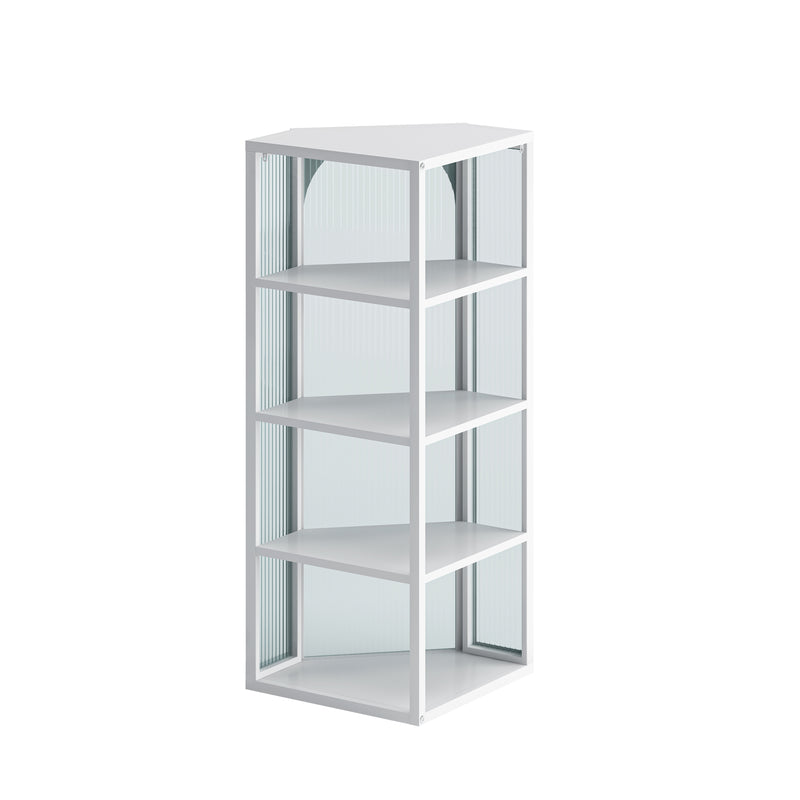 Glass Door Wall Mounted Corner Cabinet with Featuring Four-tier Storage for Bedroom, Living Room, Bathroom, Kitchen, White