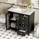 36-inch bathroom vanity with two soft close doors, adjustable shelves and three drawers