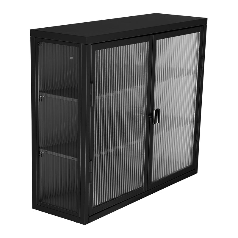Retro Style Haze Double Glass Door Wall Cabinet With Detachable Shelves for Office, Dining Room,Living Room, Kitchen and Bathroom Black