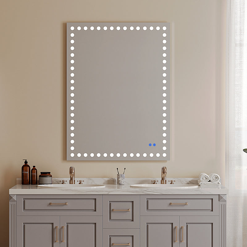 48X36 Inch Led-Lit Bathroom Mirror, Wall Mounted Anti-Fog Memory Rectangular Vanity Mirror With Tri-White Front Circular Light And Touch Sensor Dimmer Switch