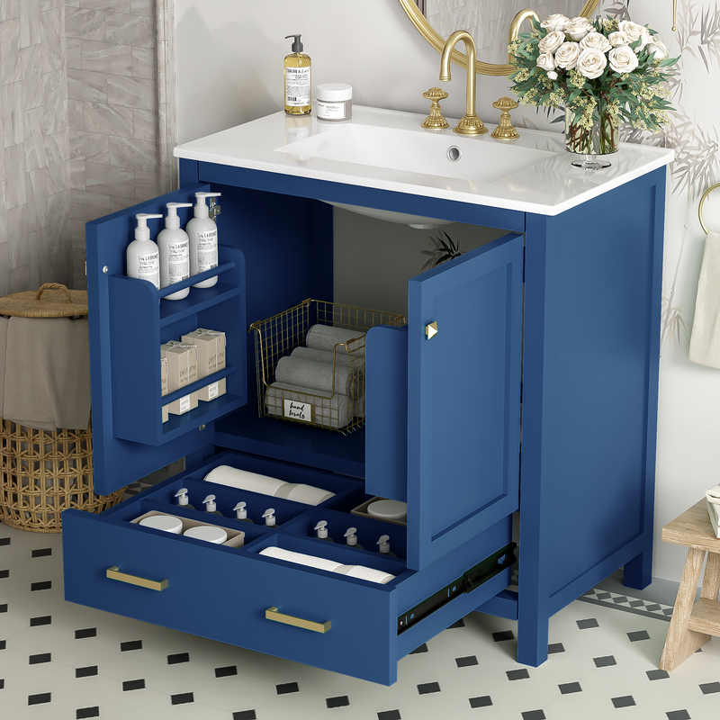 30' Blue Bathroom Vanity with Single Sink, Combo Cabinet Undermount Sink, Bathroom Storage Cabinet with 2 Doors and a Drawer, Soft Closing, Multifunctional Storage, Solid Wood Frame