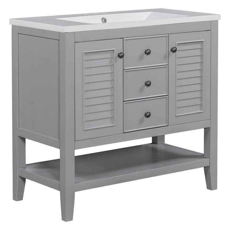 36" Bathroom Vanity with Ceramic Basin, Two Cabinets and Drawers, Open Shelf, Solid Wood Frame, Grey