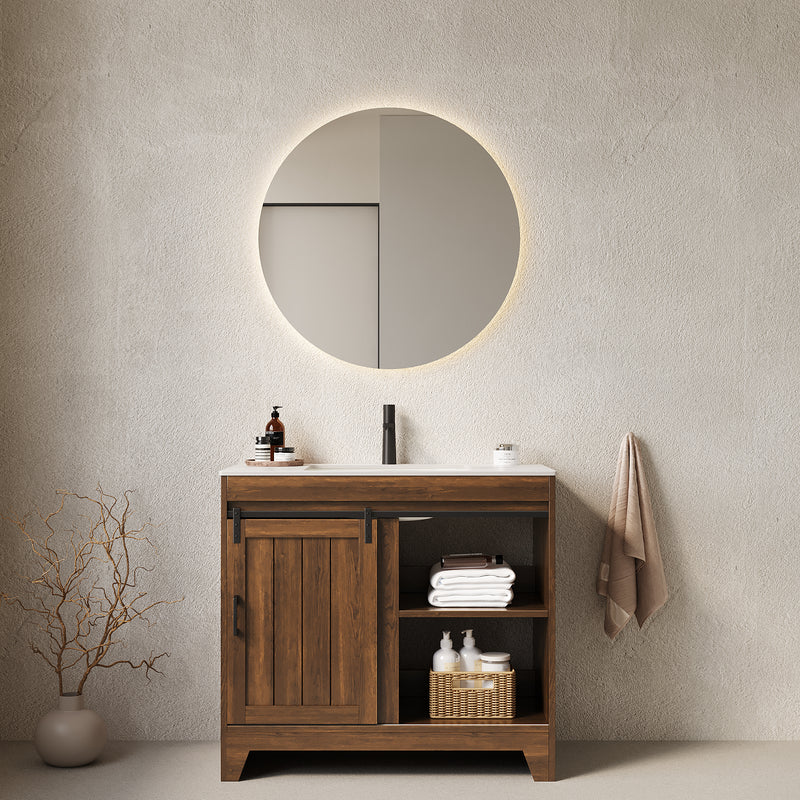 RIKA 36' Bathroom Vanity with Sink, Freestanding Farmhouse Style Bathroom Storage Cabinet with Sliding Barn Door and Shelves, Sintered Stone Countertop and Ceramic Basin, Dark Walnut Woodgrain Color