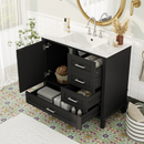36' Black Bathroom Vanity with Solid Pine Frame, 1 Soft Close Door and 3 Drawers , Modern Storage Cabinet