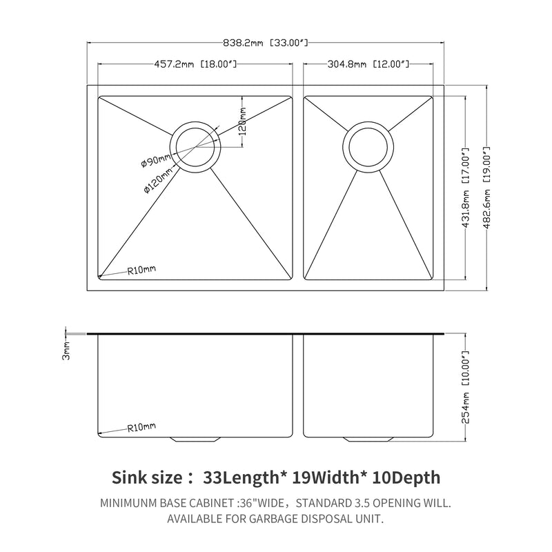 Double Bowl(60/40) Undermount Sink- 33"x19" Gunmetal Black  Double Bowl Kitchen Sink 16 Gauge with Two 10" Deep Basin