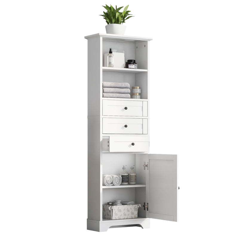 White Tall Storage Cabinet with 3 Drawers and Adjustable Shelves for Bathroom, Kitchen and Living Room, MDF Board with Painted Finish