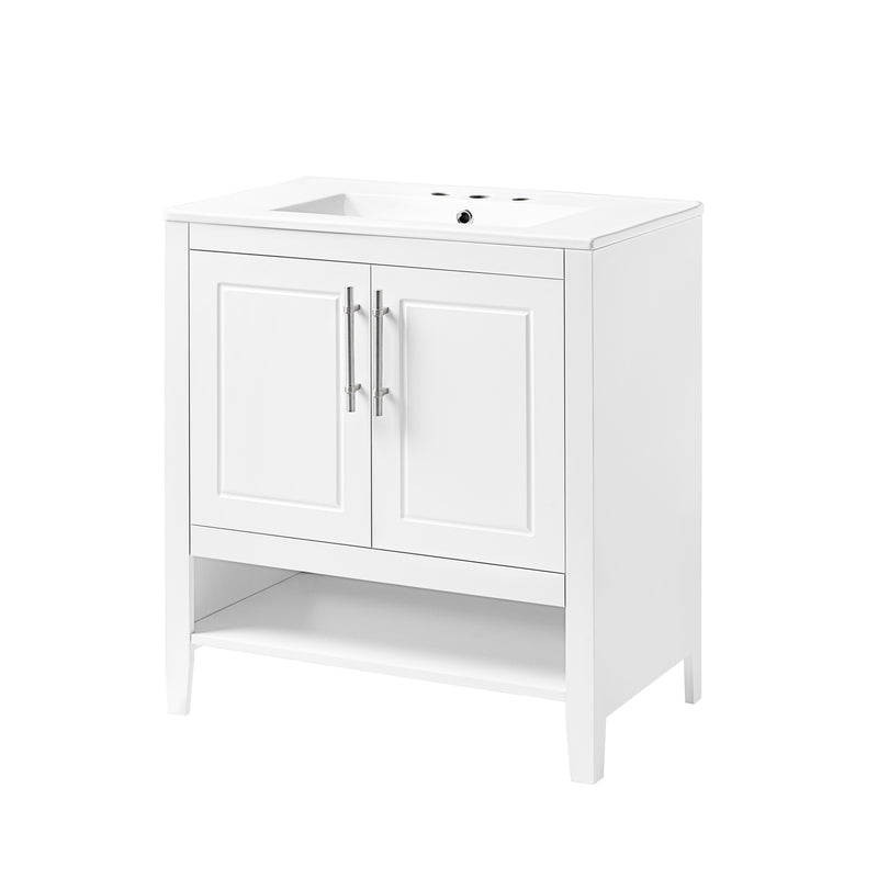 30" Bathroom Vanity with Sink, Multi-functional Bathroom Cabinet with Doors and Drawers, Solid Frame and MDF Board, White