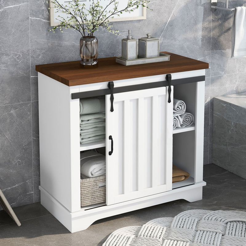 Bathroom Storage Cabinet, Freestanding Accent Cabinet, Sliding Barn Door, Thick Top, Adjustable Shelf, White and Brown