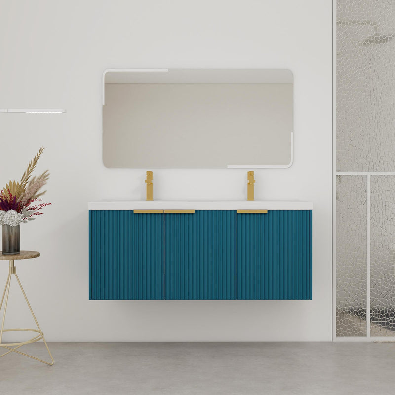 48' Wall Mounted Bathroom Vanity with Resin Double Sink & 3 Soft-Close Doors, KD-Packing
