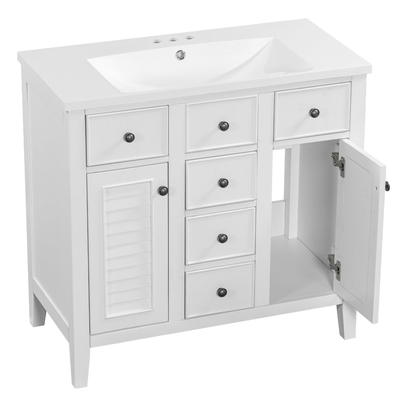 36" Bathroom Vanity with Ceramic Basin, Two Cabinets and Five Drawers, Solid Wood Frame, White