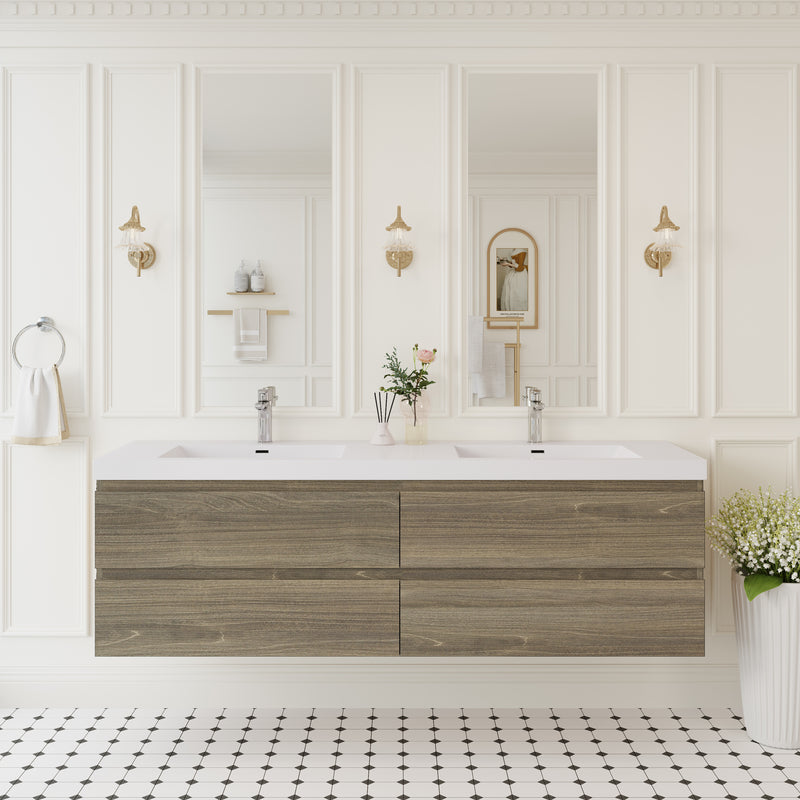 72' Floating Bathroom Vanity with Sink, Modern Wall-Mounted Bathroom Storage Vanity Cabinet with Two Resin Top Basin and Four Soft Close Drawers, Ash Grey 24V11-72AG
