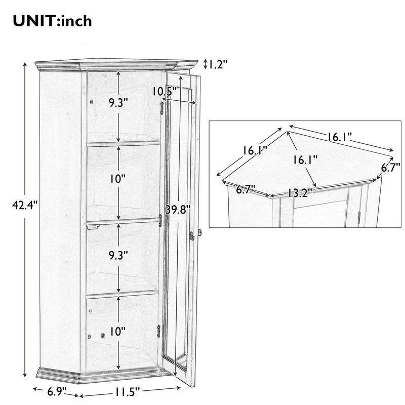 Freestanding Bathroom Cabinet with Glass Door, Corner Storage Cabinet for Bathroom, Living Room and Kitchen, MDF Board with Painted Finish, Brown