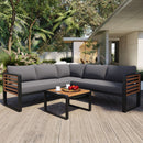 GO 4 Pieces Outdoor Patio Conservation Set, Metal and Wood Frame Sectional L-shaped Sofa with Soft Cushion and a Coffee Tables for Garden, Backyard, Porch and Deck, Gray