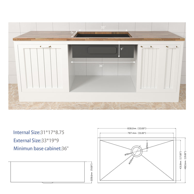 33 Inch Undermount Sink - 33"x19"x9" Undermount Stainless Steel Kitchen Sink 18 Gauge 9 Inch Deep Single Bowl Kitchen Sink Basin