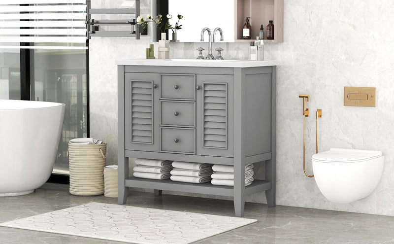 36" Bathroom Vanity with Ceramic Basin, Two Cabinets and Drawers, Open Shelf, Solid Wood Frame, Grey
