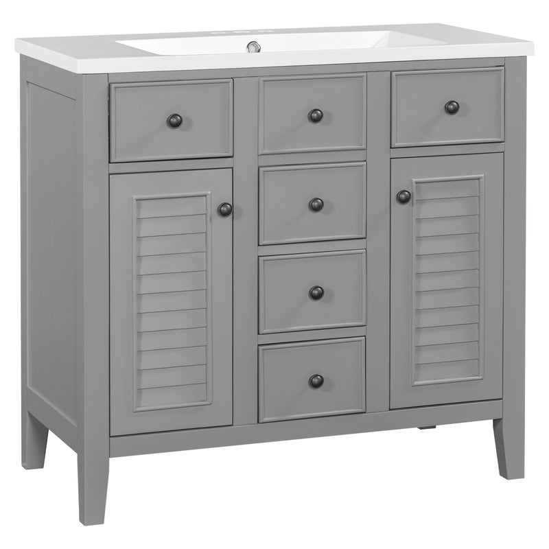36" Bathroom Vanity with Ceramic Basin, Two Cabinets and Five Drawers, Solid Wood Frame, Grey (OLD SKU: SY999202AAE)