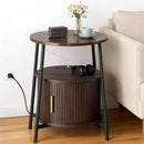 DHH Round End Tables with Charging Station, Fluted Accent Side Table with Sliding Door, Mid-Century Modern Nightstand for Small Space Storage, Living Room, Bedroom,Sofa Couch(Yellow)