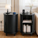 DHH Round End Table with Storage & Charging Station, Fluted Accent Side Table with Sliding Door & Adjustable Shelf, Mid-Century Nightstand for Small Spaces, Living Room, Bedroom (1, Walnut)