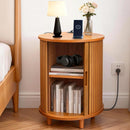 DHH Round End Table with Storage & Charging Station, Fluted Accent Side Table with Sliding Door & Adjustable Shelf, Mid-Century Nightstand for Small Spaces, Living Room, Bedroom (1, Walnut)