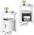 DHH Round End Tables with Charging Station, Fluted Accent Side Table with Sliding Door, Mid-Century Modern Nightstand for Small Space Storage, Living Room, Bedroom,Sofa Couch(Yellow)