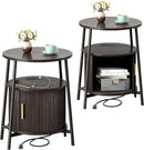 DHH Round End Tables with Charging Station, Fluted Accent Side Table with Sliding Door, Mid-Century Modern Nightstand for Small Space Storage, Living Room, Bedroom,Sofa Couch(Yellow)