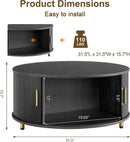 DHH Round Coffee Table, 31.5" Mid Century Modern Coffee Table with 360° Sliding Tambour Door, Fluted Accent Coffee Table with Storage Adjustable Footpads for Living Room, Black