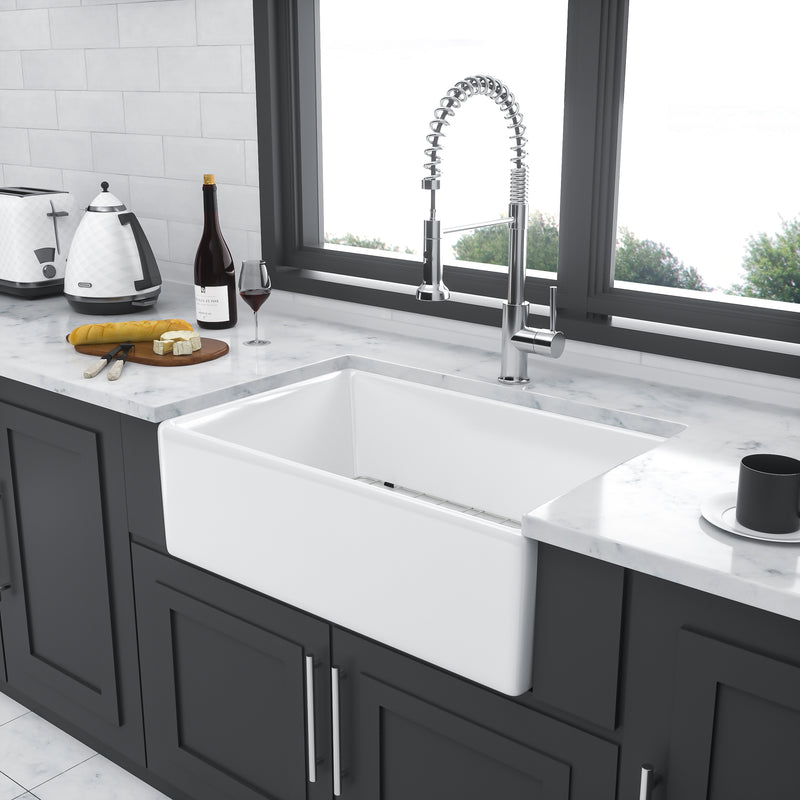 White Farmhouse Sink - 30 inch Kitchen Sink Apron-front White Ceramic Reversible Single Bowl Kitchen Farm Sinks