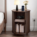 DHH Round End Table with Storage & Charging Station, Fluted Accent Side Table with Sliding Door & Adjustable Shelf, Mid-Century Nightstand for Small Spaces, Living Room, Bedroom (1, Walnut)