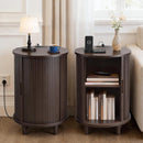 DHH Round End Table with Storage & Charging Station, Fluted Accent Side Table with Sliding Door & Adjustable Shelf, Mid-Century Nightstand for Small Spaces, Living Room, Bedroom (1, Walnut)