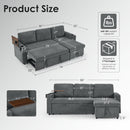 Sleeper Sofa Bed, 85'' L-Shape Pull Out Couch with Storage Chaise, Chenille Modern Sofa | Side Pockets | Retractable Table | LED Ambient Light | USB Charging Ports | Cup Holders | Grey
