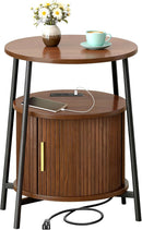 DHH Round End Tables with Charging Station, Fluted Accent Side Table with Sliding Door, Mid-Century Modern Nightstand for Small Space Storage, Living Room, Bedroom,Sofa Couch(Yellow)