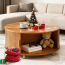 Round Coffee Table, 31.5" Mid Century Modern Coffee Table with 360° Sliding Tambour Door, Fluted Accent Coffee Table with Storage Adjustable Footpads for Living Room