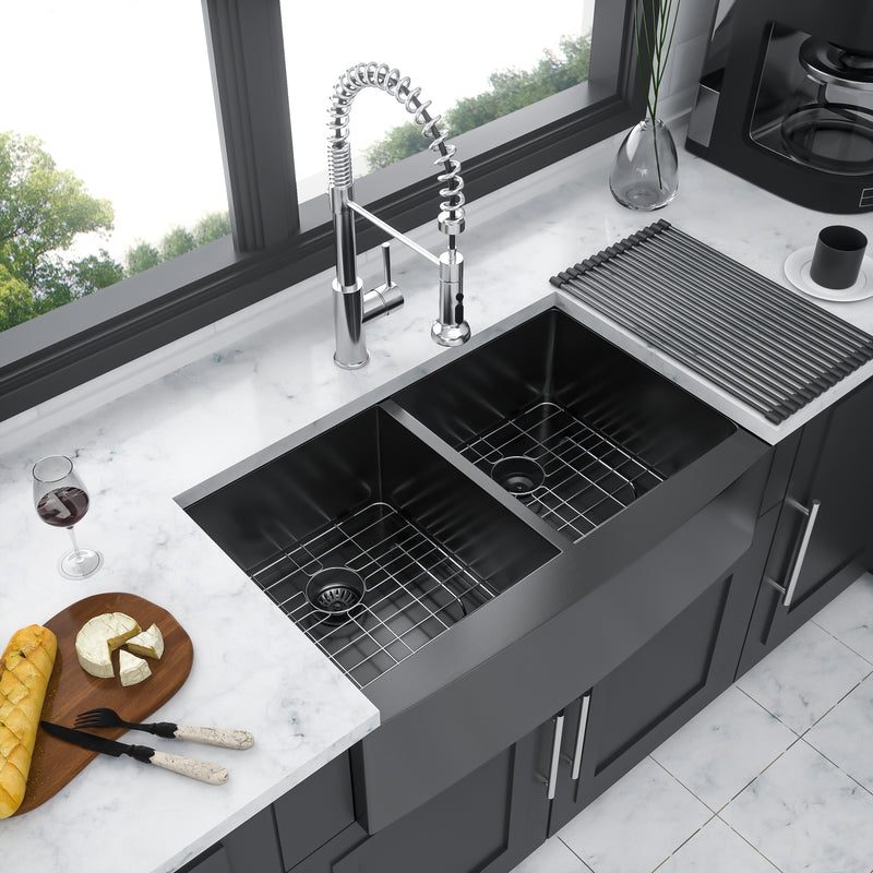 Gunmetal Black Double Bowl (50/50) Farmhouse Sink- 36"x21"x10"Stainless Steel Apron Front Kitchen Sink 16 Gauge with Two 10" Deep Basin