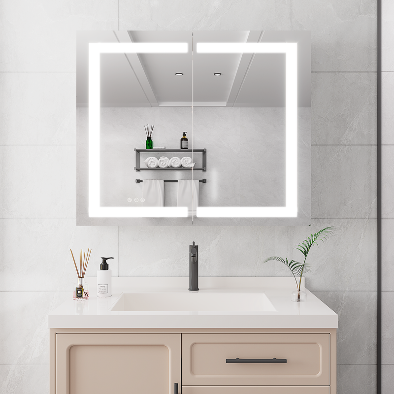 36 x 30 inch Medicine Cabinet with LED Vanity Mirror, Anti-Fog, Recessed or Surface Mount, Waterproof, Dimmable, Aluminum 3000K~6000K Lighted Double Door Bathroom Cabinet with Touch Switch