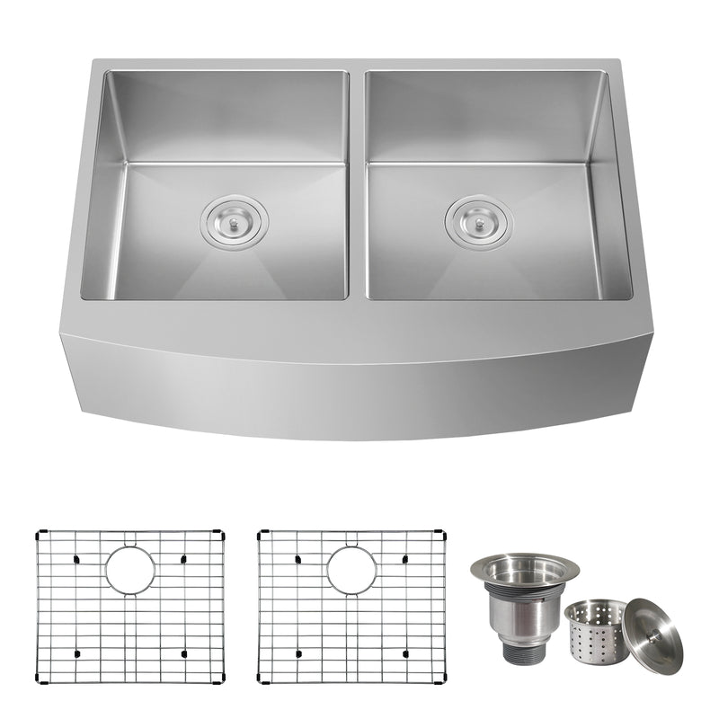 TECASA Farmhouse Double Bowl 50/50 Sink 33 inches Stainless Steel Apron Sinks 16 Gauge for Kitchen Front Rounded 10 inch Deep Single Bowl Kitchen Sink with Accessories (Pack of 3)