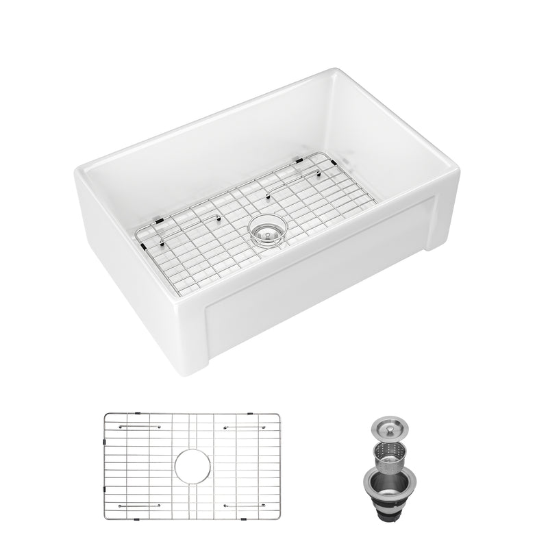 White Farmhouse Sink - 30 inch Kitchen Sink Apron-front White Ceramic Reversible Single Bowl Kitchen Farm Sinks