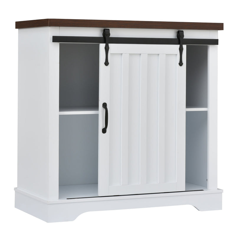 Bathroom Storage Cabinet, Freestanding Accent Cabinet, Sliding Barn Door, Thick Top, Adjustable Shelf, White and Brown