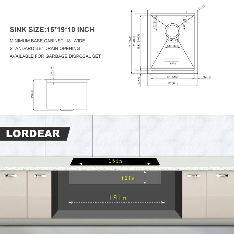 15" Undermount Kitchen Sink - 15*19*10 inch Kitchen Sink Undermount Single Bowl 16 Gauge Stainless Steel Ledge Workstation Kitchen Sinks