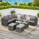 6 Piece Outdoor Patio Furniture Set, All Weather Wicker Rattan Outdoor Sofa Conversation Set with Glass Table, Cushions and Pillows, for Lawn, Garden, Backyard
